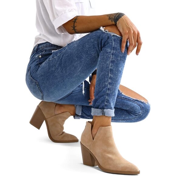 Mysoft Women's Light Brown Pu Chunky Mid Heel Slip on Toe Stacked Ankle Boots - Picture 4 of 7